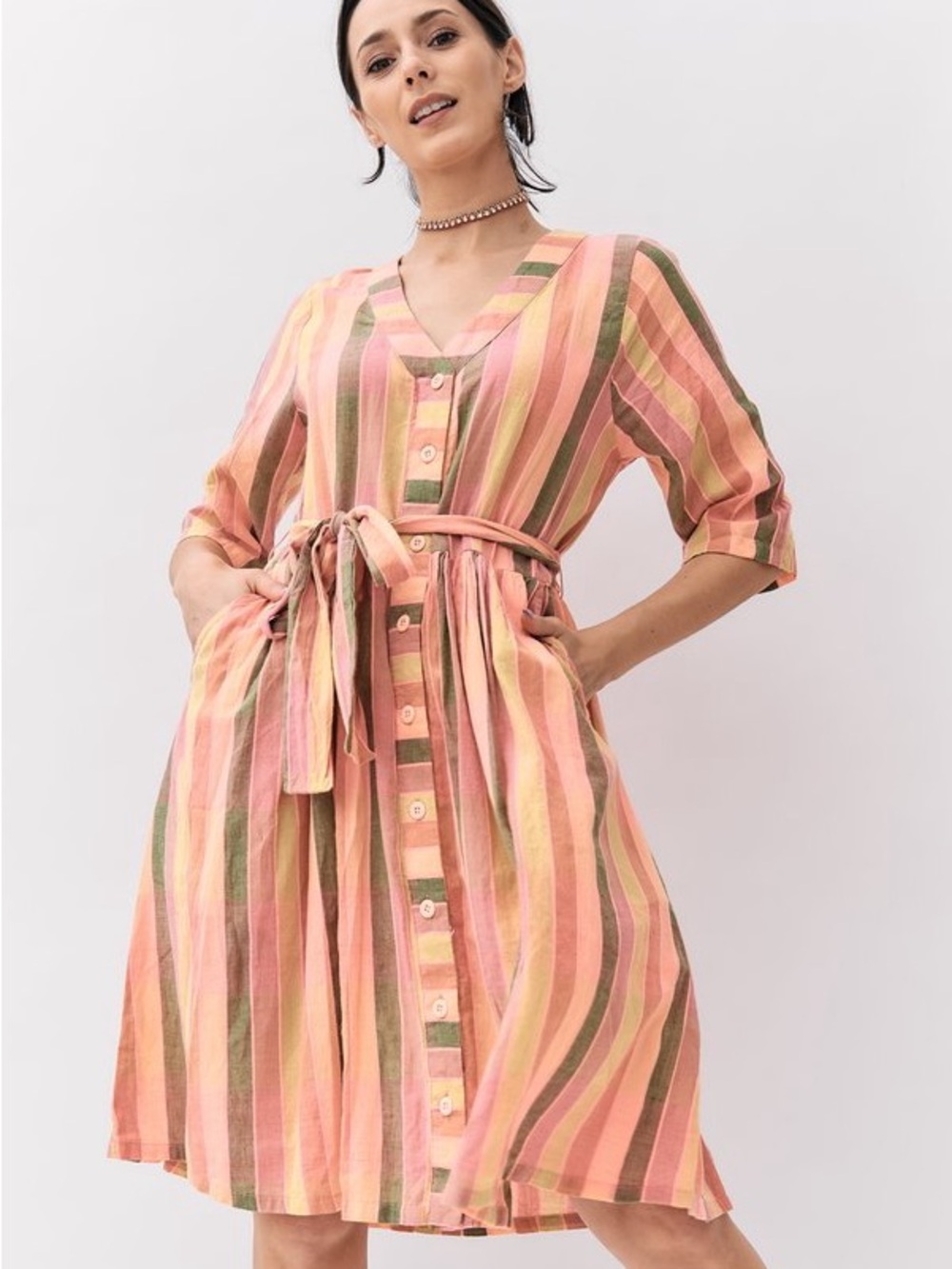Ace & Jig Peach Pink Striped Button-Front Midi Dress